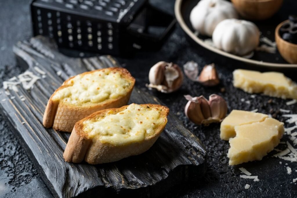 Close-up of warm cheese bread with garlic on a rustic board, perfect for cozy food photography.